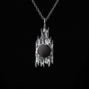 Saturn's Clocktower Pendant amulet in solid sterling silver with black onyx coin
