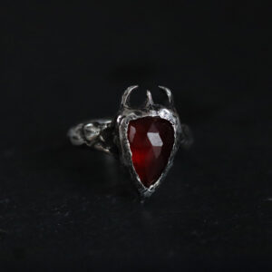 Hessonite garnet devotional charm shield ring set in solid sterling silver by Sword + Scythe