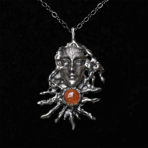 Astrological talismans of the Sun in Aries featuring sunstone set above marigold, frankincense, and 24k gold flake in solid sterling silver by Sword + Scythe