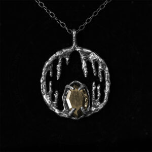 Saturn's Gold Amulet of the Kyranides, featuring engraved pyrite and eryngo root in solid sterling silver by Sword and Scythe