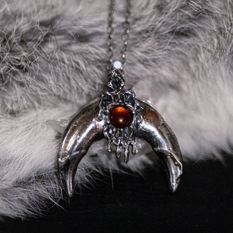 Protective amulet of the Divine Mother with Wolves featuring baltic amber in solid sterling silver Wolfmother by Sword + Scythe